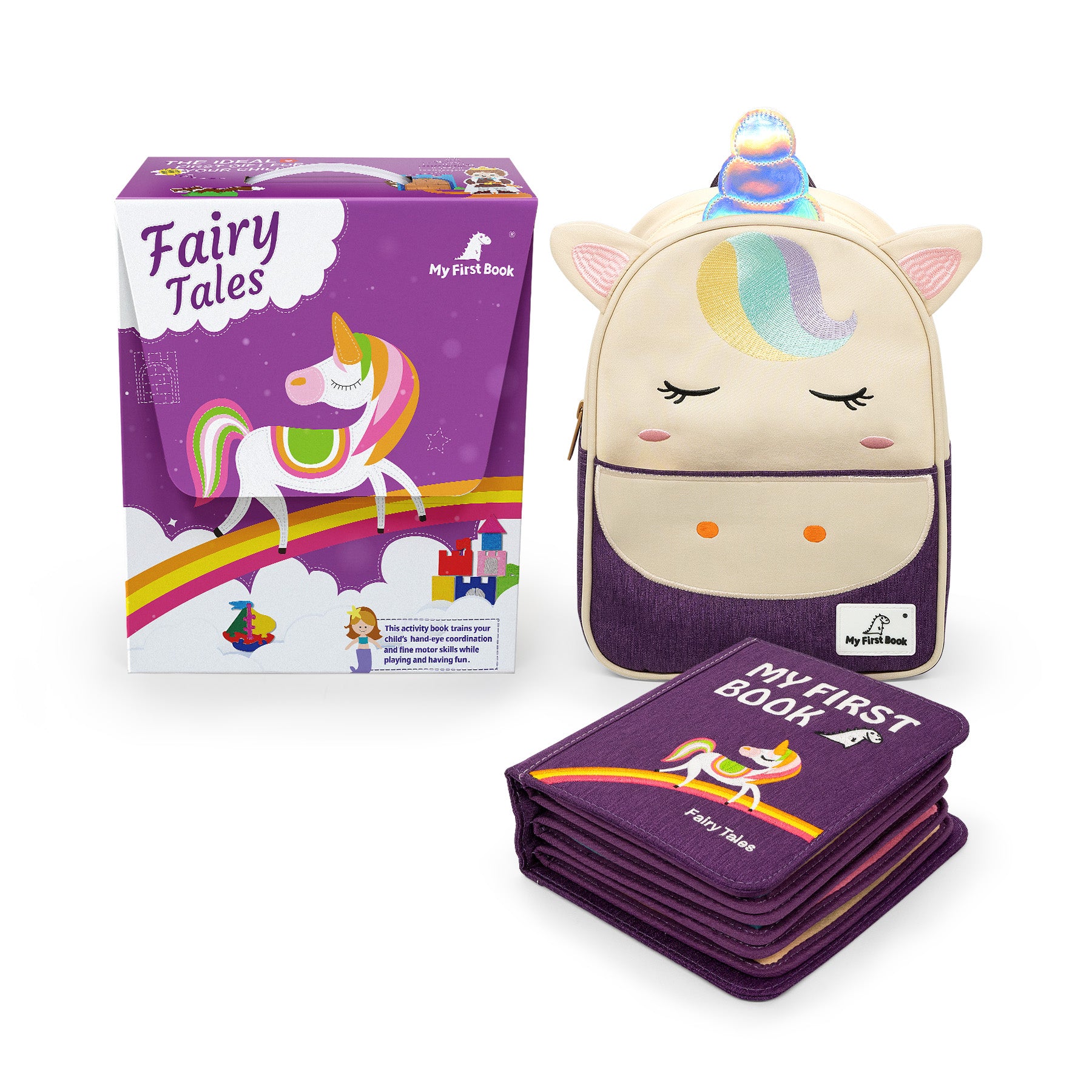 Märchenwelten komplettes Set: lila Geschenkbox mit Einhorn-auf-Regenbogen-Motiv, Einhorn-Rucksack und geschlossenes Fairy-Tales-Quiet-Book – ideales Geschenk. Ab 1 Jahr.