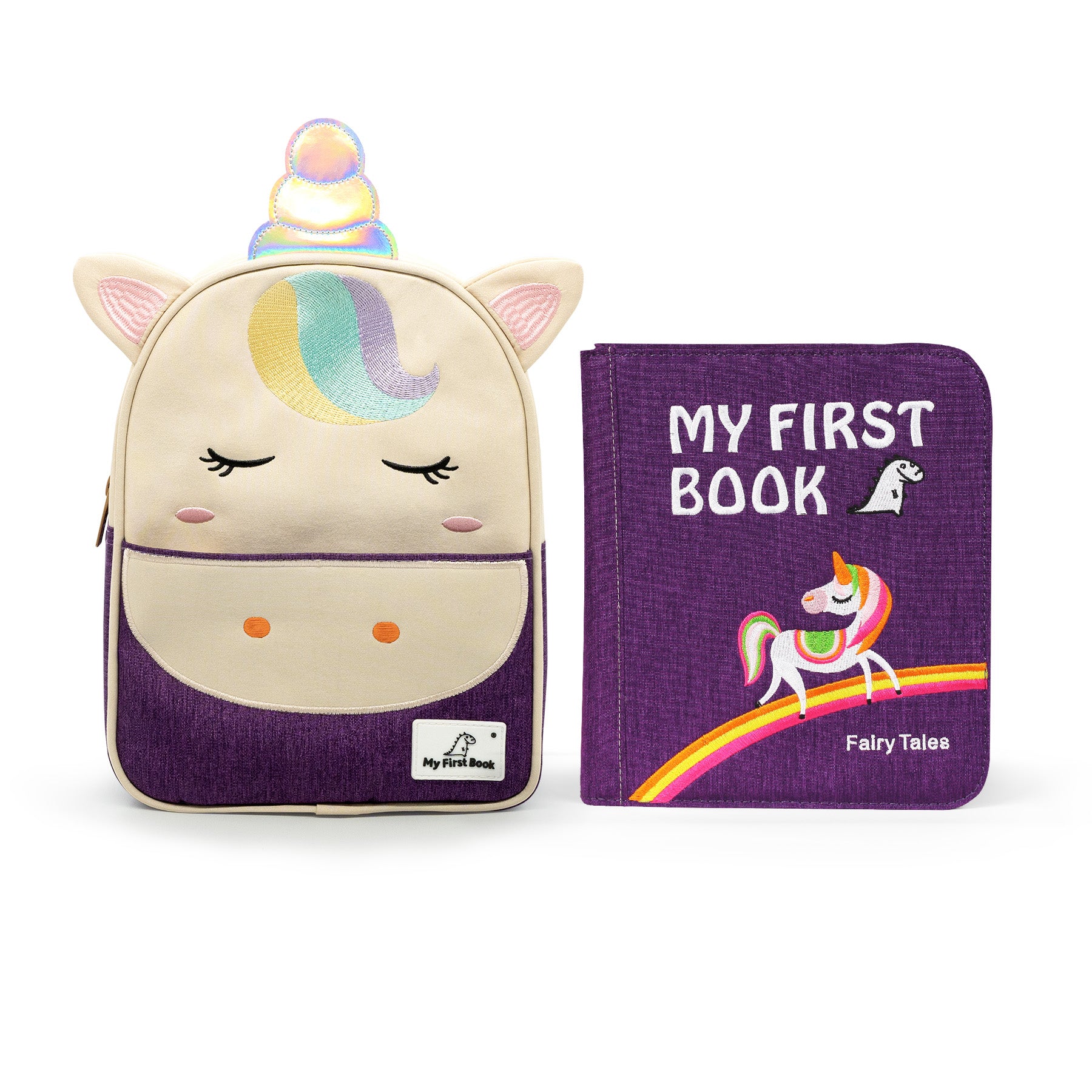 Märchenwelten Montessori Quiet Book mit passendem Einhorn-Rucksack – komplettes Set: lila Stoffbuch mit Einhorn auf dem Regenbogen-Cover (Fairy Tales) und beige-lila Einhorn-Rucksack mit Regenbogenmähne. Ab 1 Jahr.