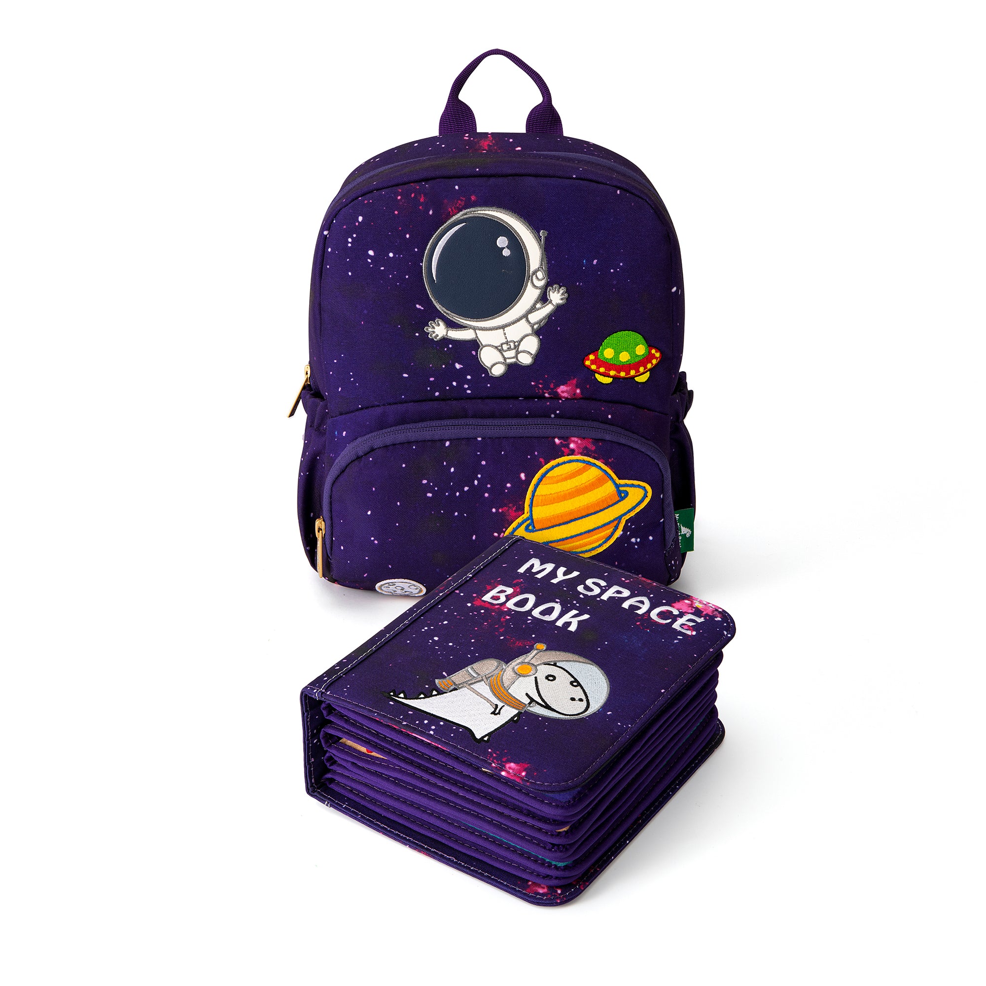 Geschlossenes Weltraum Filz-Quiet-Book mit Dino-Astronaut auf dem Cover und passendem Galaxie-Rucksack – Set ab 3 Jahren