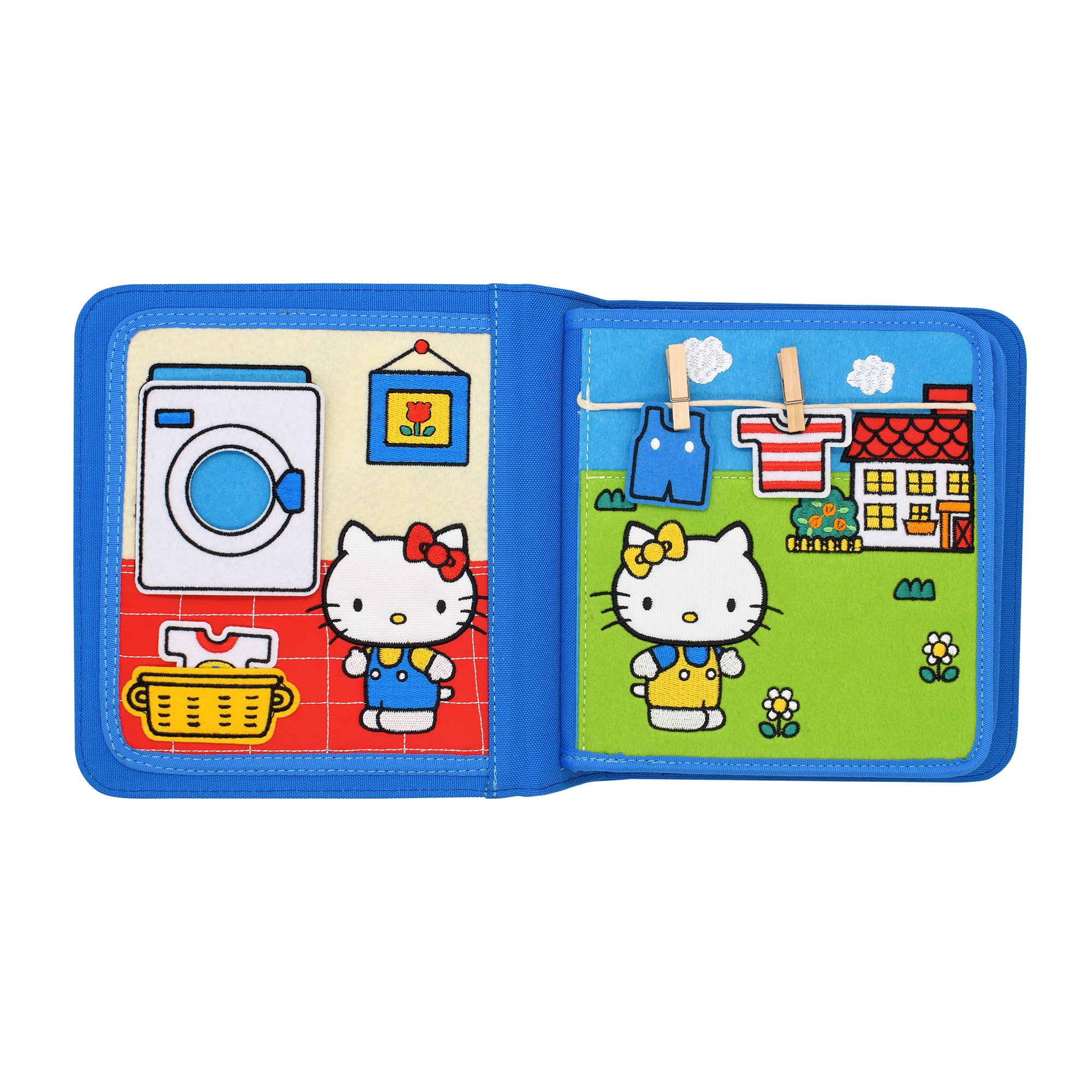 Innenseite des Hello Kitty Quiet Books mit interaktiven Filz- und Klettelementen – fördert lebenspraktische Fertigkeiten ab 1 Jahr