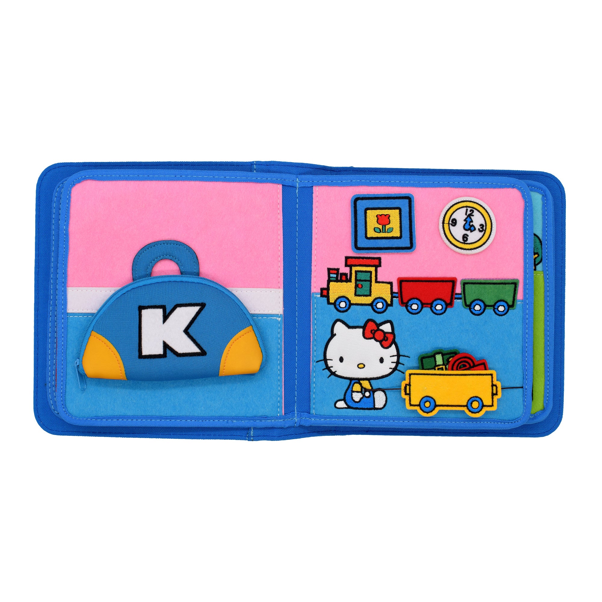 Innenseite des Hello Kitty Quiet Books mit interaktiven Filz- und Klettelementen – fördert die Konzentration ab 1 Jahr
