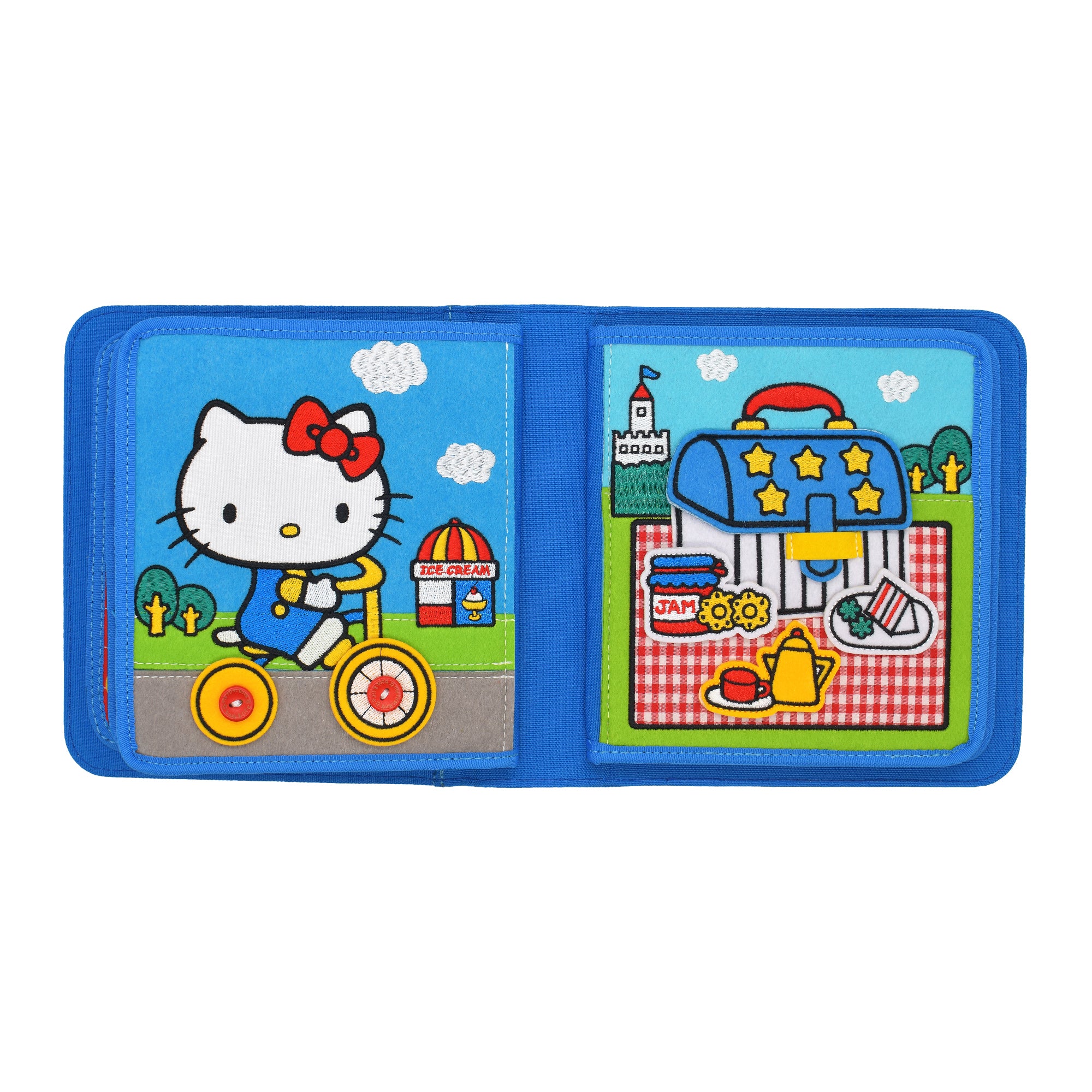 Innenseite des Hello Kitty Quiet Books mit interaktiven Filz- und Klettelementen – fördert spielerisches Lernen ab 1 Jahr