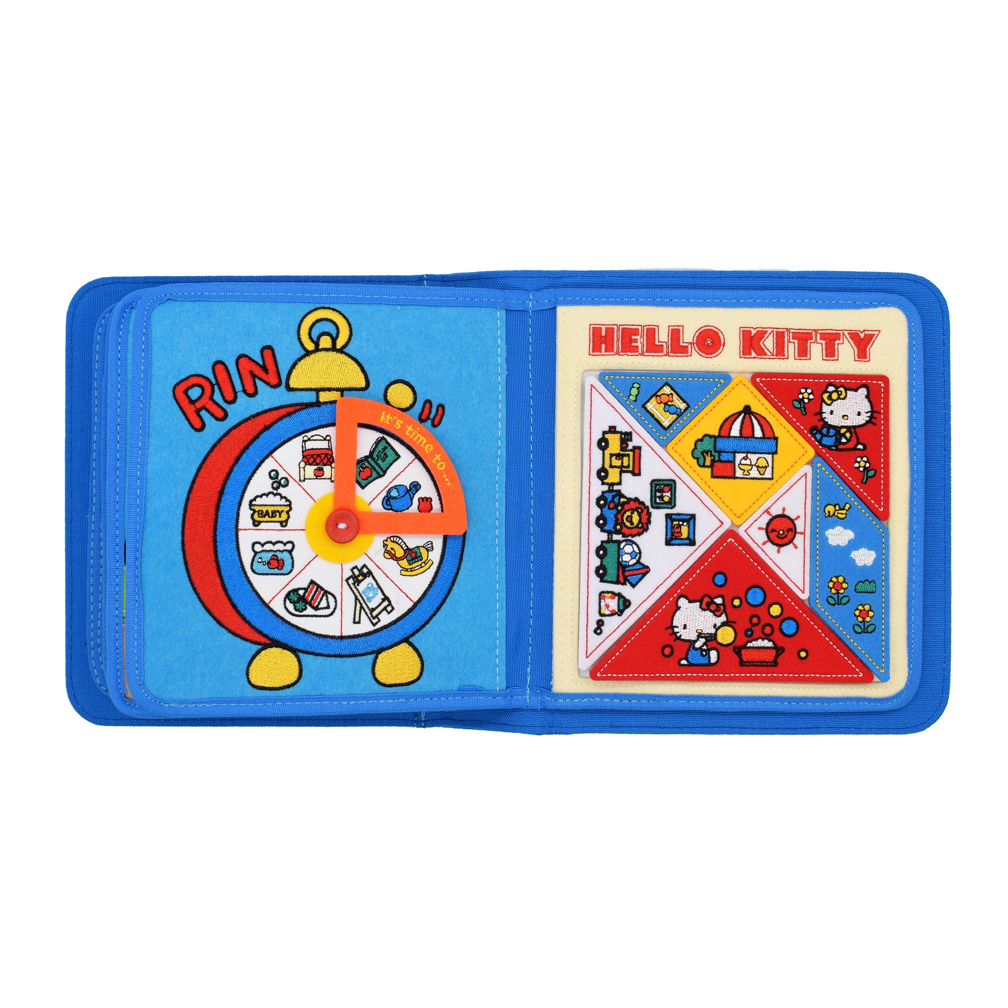 Innenseite des Hello Kitty Quiet Books mit interaktiven Filz- und Klettelementen – fördert die Feinmotorik ab 1 Jahr
