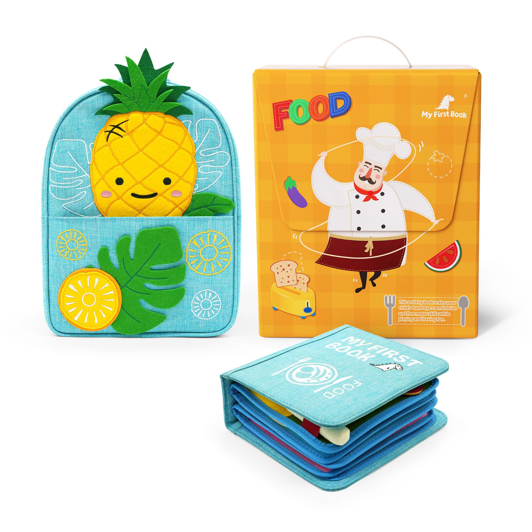 Kleine Feinschmecker Montessori Quiet Book mit Rucksack und Verpackung – Stoffbuch für Kleinkinder ab 1 Jahr
