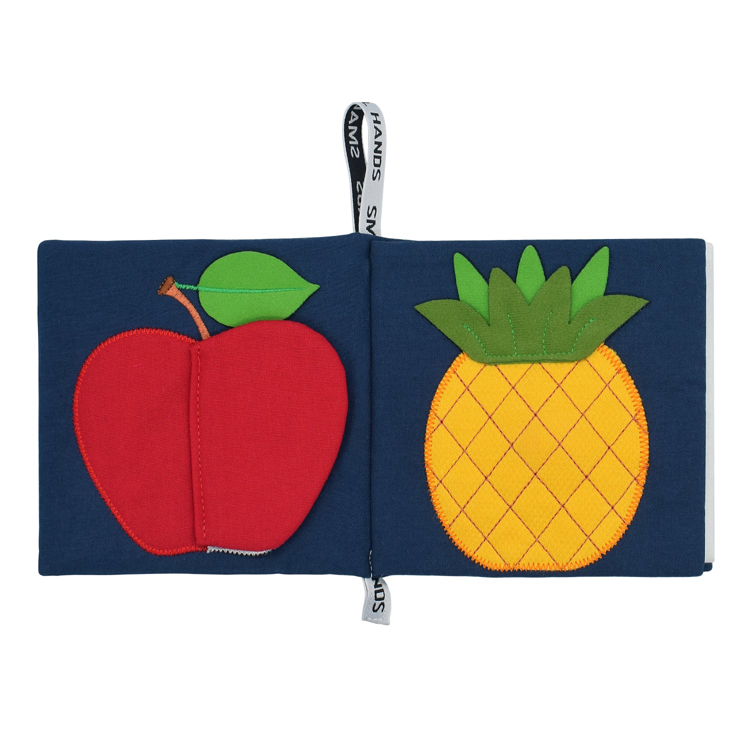 Zwei Seiten aus blauem Stoff darauf genäht ein Apfel und eine Ananas extrem detail genau und hochwertig mit starken Nähten und verstecktem Spiegel im Apfel