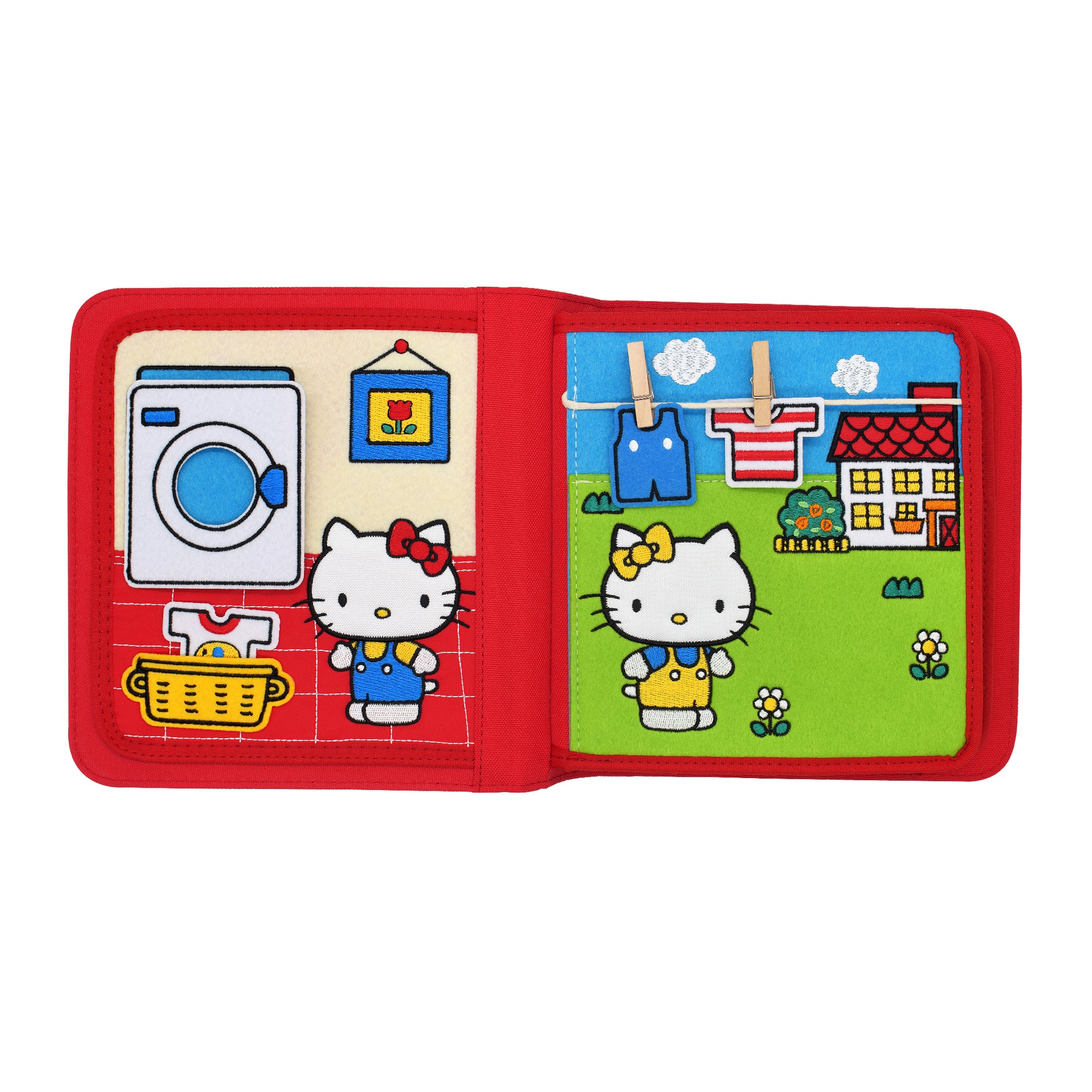 Hello Kitty vor einer Waschmaschine und an einer Wäscheleine mit Kleinteilen als Übung für Kleinkinder