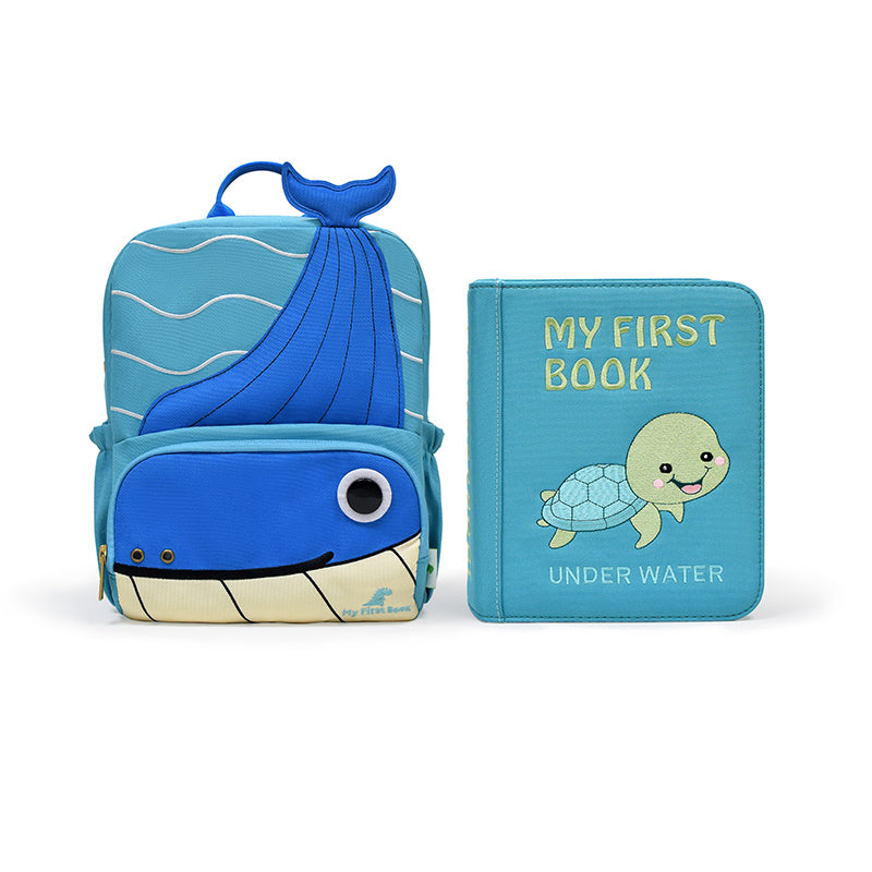 Unter Wasser Montessori Quiet Book mit Schildkröten-Cover und passendem blauem Wal-Rucksack – komplettes Set ab 3 Jahren