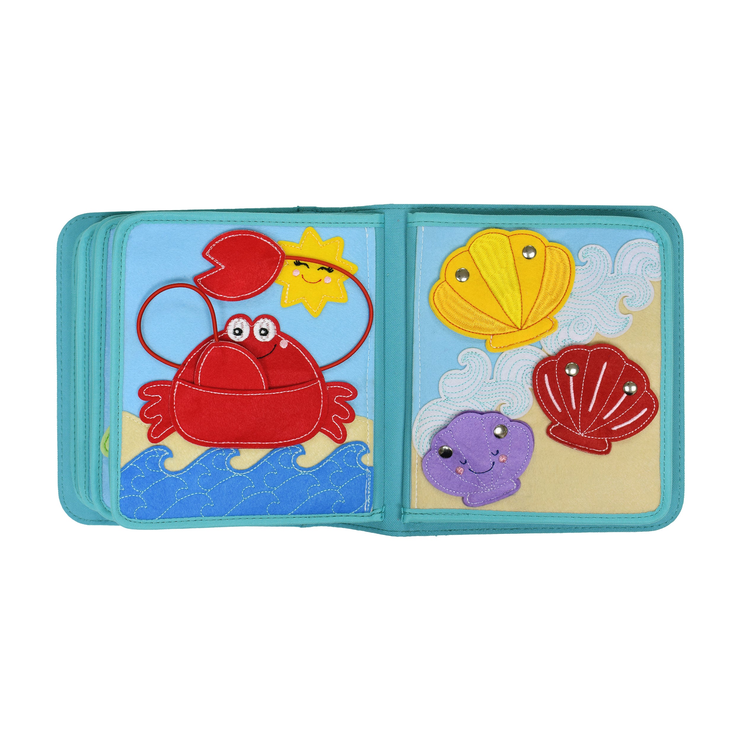 Unter Wasser Quiet Book Seite mit Krabbe mit beweglichem Greifarm an der Schnur und Muscheln mit Druckknöpfen – übt Grobmotorik und Druckknöpfe ab 3 Jahren