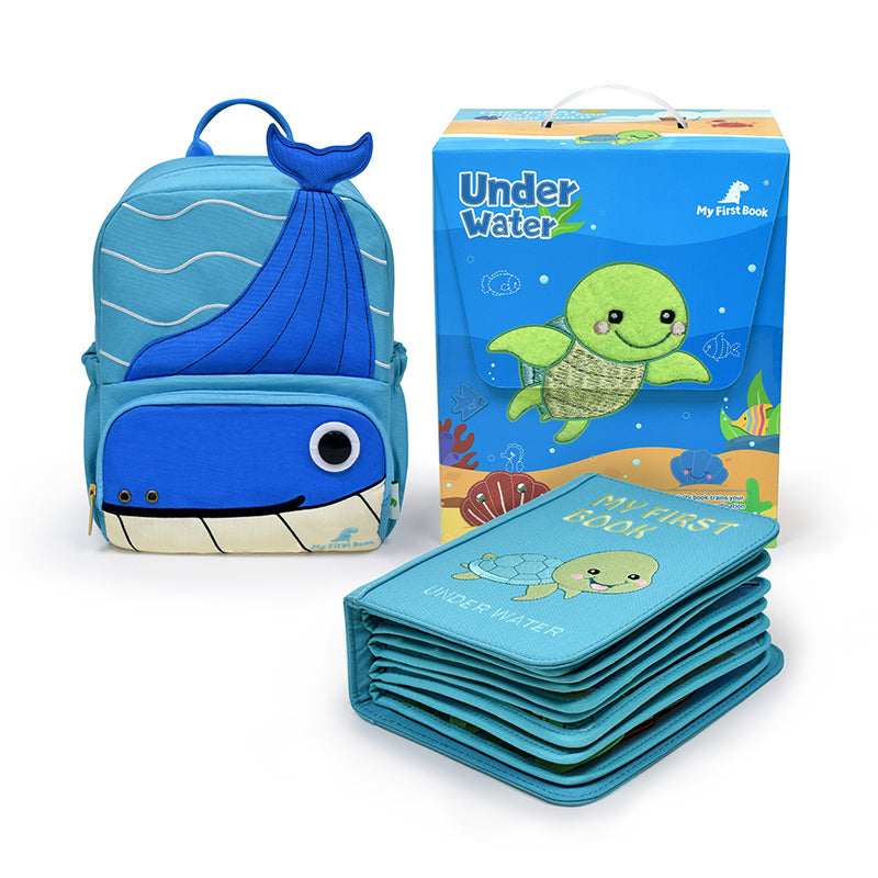 Unter Wasser Quiet Book Set mit blauem Wal-Rucksack, Filzbuch und -Under Water- Geschenkverpackung – komplettes Set ab 3 Jahren