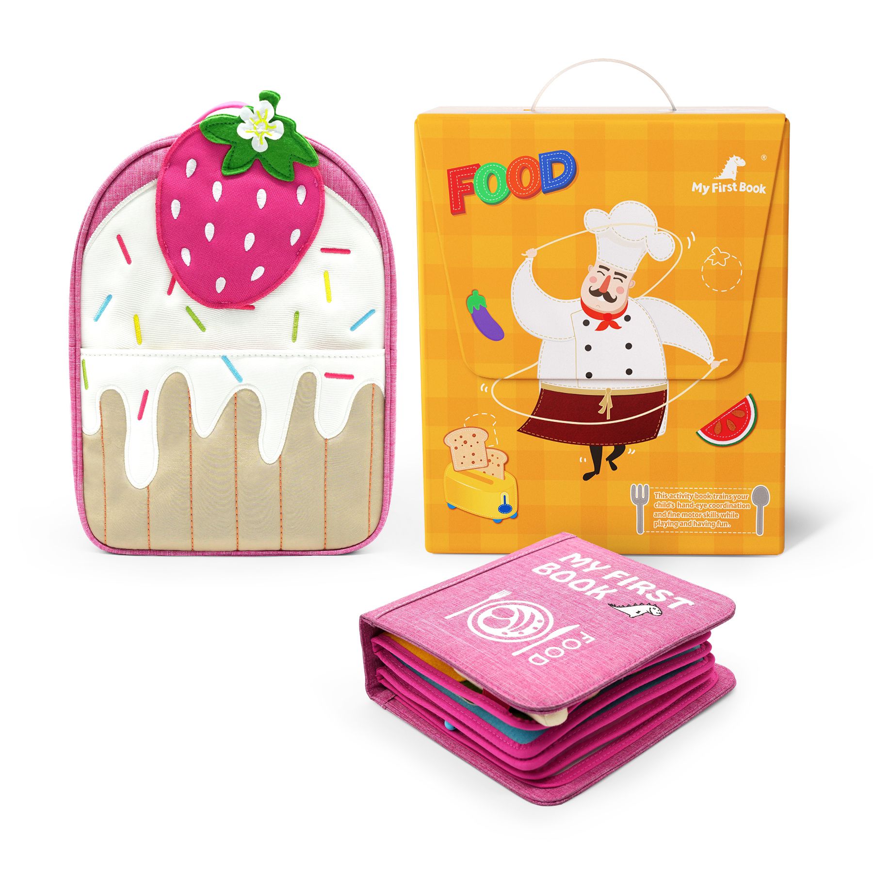 Kleine Feinschmecker Montessori Quiet Book mit Rucksack und Verpackung – Stoffbuch für Kleinkinder ab 1 Jahr