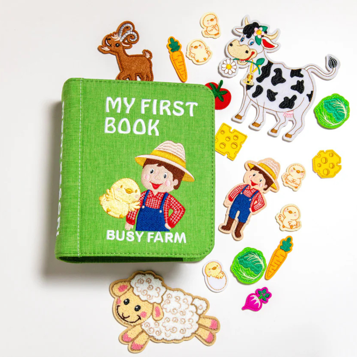 Übersicht aller Stoffseiten des Montessori Quiet Books Bauernhof