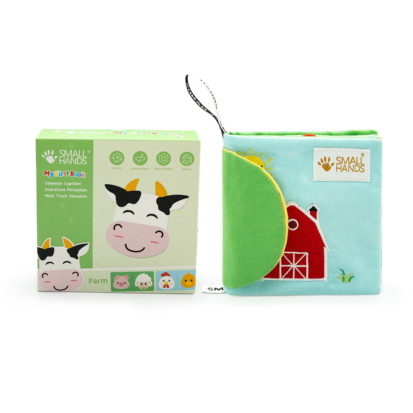 Small Hands Bauernhof mit Scheune vorne drauf. Knisterpapier, hochwertiges Material, detaillierte feine Nähungen und kontrastreiche Farben machen das Spielbuch zum besten Begleiter für Kinder von 0-12 Monate