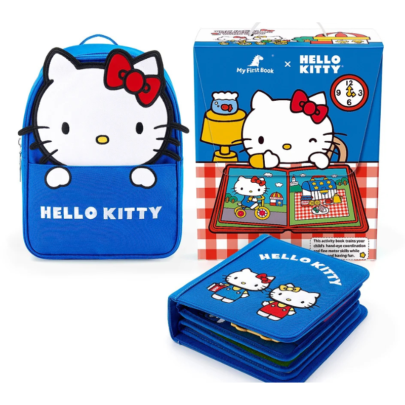 Innenseite des Hello Kitty Quiet Books mit interaktiven Filz- und Klettelementen – fördert die Hand-Auge-Koordination ab 1 Jahr