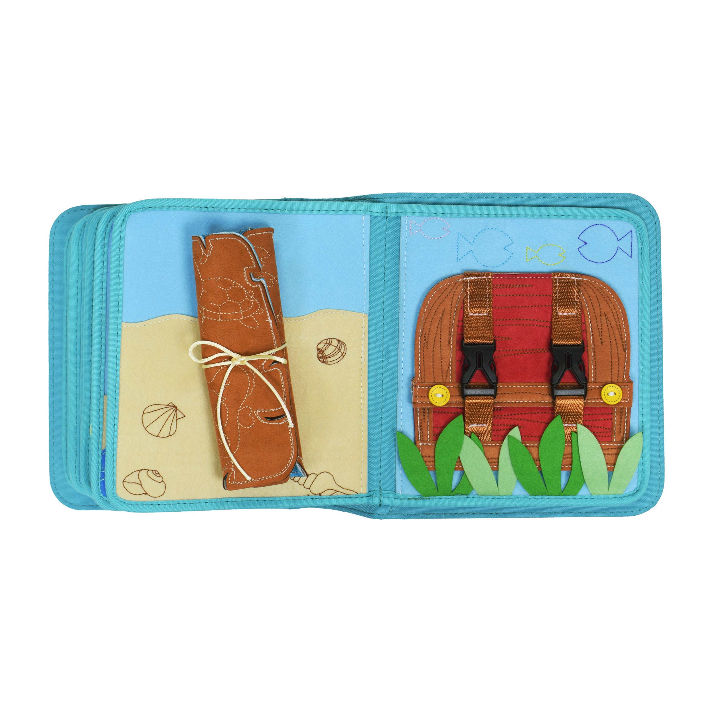 Unter Wasser Quiet Book Seite mit Schatzkarte mit Schleife zum Binden und Schatztruhe mit Steckschnallen – übt Schleife binden und Schnallen ab 3 Jahren