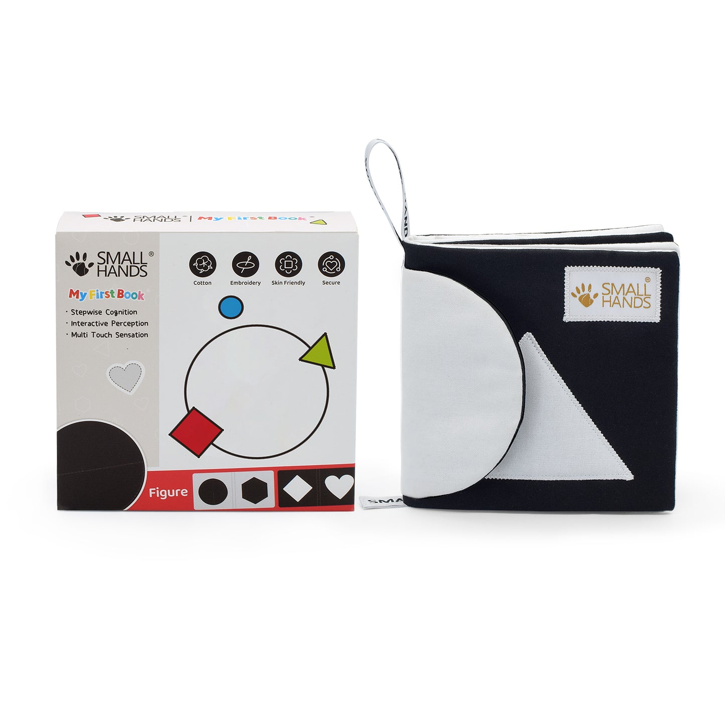 Small Hands Schwarz Weiß Buch für Neugeborene. Thema sind Formen und zeigt außen einen Kreis aus Kinsterpapier und ein Dreieck.