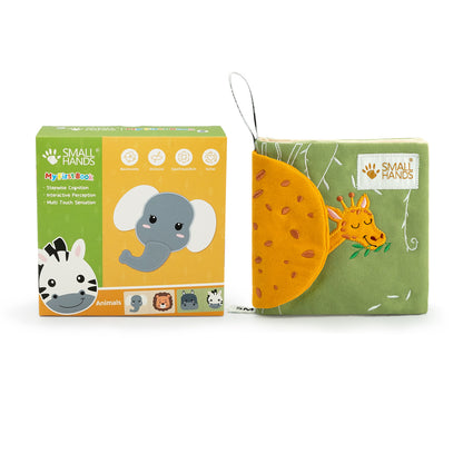 Montessori basiertes Spielbuch für Neugeborene mit Giraffe vorne und feinen detailliert genähten Motiven.