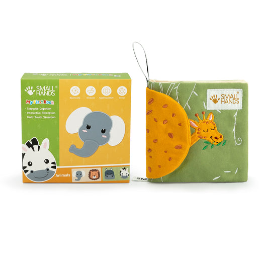 Montessori basiertes Spielbuch für Neugeborene mit Giraffe vorne und feinen detailliert genähten Motiven.